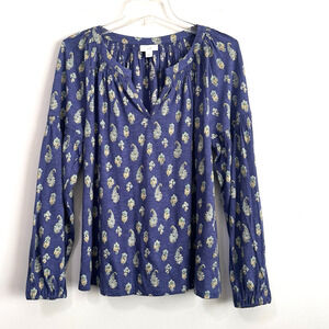 J Jill Top XS Knit Peasant Long Sleeve V Neck Smocked Popover Blue Paisley Shirt